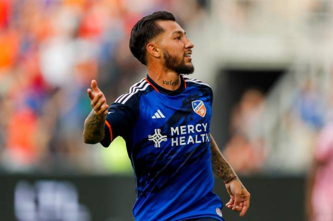 Aug 23, 2023; Cincinnati, OH, USA; FC Cincinnati midfielder Luciano Acosta (10) reacts after scoring a goal against Inter Miami CF in the first half at TQL Stadium. Mandatory Credit: Katie Stratman-USA TODAY Sports