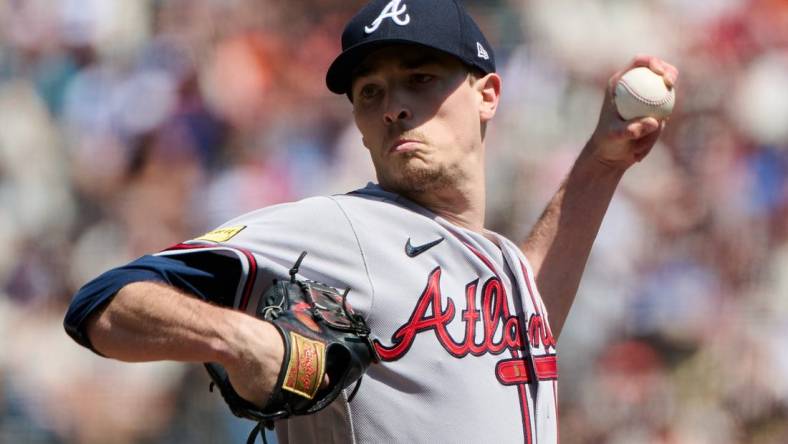 Aug 26, 2023; San Francisco, California, USA; Atlanta Braves starting pitcher Max Fried (54) throws a pitch against the San Francisco Giants during the first inning at Oracle Park. Mandatory Credit: Robert Edwards-USA TODAY Sports