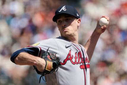Aug 26, 2023; San Francisco, California, USA; Atlanta Braves starting pitcher Max Fried (54) throws a pitch against the San Francisco Giants during the first inning at Oracle Park. Mandatory Credit: Robert Edwards-USA TODAY Sports