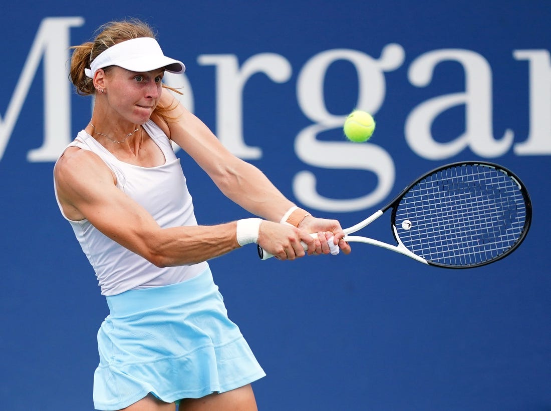 Aug 29, 2023; Flushing, NY, USA;  Liudmila Samsonova hits a shot against Claire Liu of the United States on day two of the 2023 U.S. Open tennis tournament at the USTA Billie Jean King National Tennis Center. Mandatory Credit: Jerry Lai-USA TODAY Sports