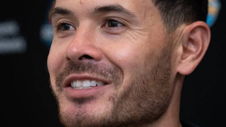 Kyle Larson (2021 NASCAR Cup Series Champion, driver of the No. 5 Hendrick Motorsports Chevrolet) answers questions, August 29, 2023, during a news conference at Arizona Biltmore, Phoenix, Arizona.