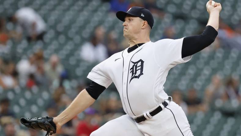 Aug 29, 2023; Detroit, Michigan, USA; Detroit Tigers starting pitcher Tarik Skubal (29) pitches in the first inning against the New York Yankees at Comerica Park. Mandatory Credit: Rick Osentoski-USA TODAY Sports
