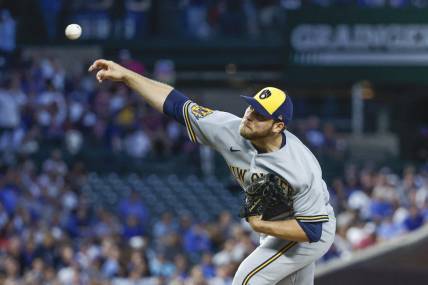 Aug 29, 2023; Chicago, Illinois, USA; Milwaukee Brewers starting pitcher Corbin Burnes (39) pitches against the Chicago Cubs during the first inning at Wrigley Field. Mandatory Credit: Kamil Krzaczynski-USA TODAY Sports