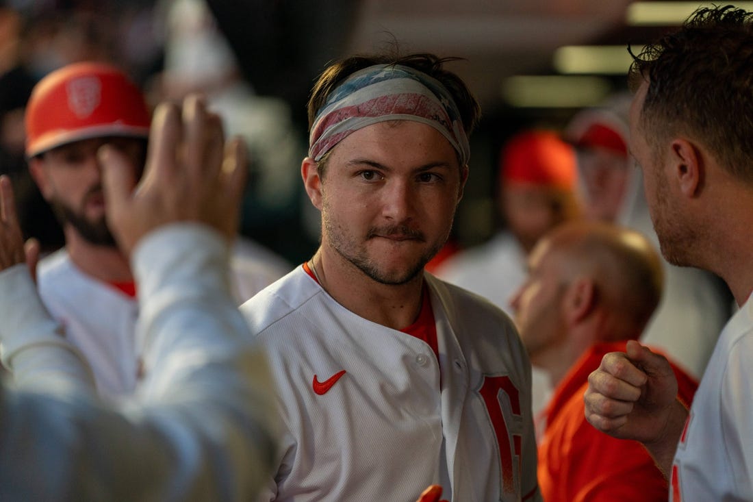 Aug 29, 2023; San Francisco, California, USA;  San Francisco Giants catcher Patrick Bailey (14) celebrates with teammates in the dugout after hitting a two-run home run against the Cincinnati Reds during the third inning at Oracle Park. Mandatory Credit: Neville E. Guard-USA TODAY Sports