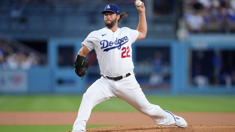 Aug 29, 2023; Los Angeles, California, USA; Los Angeles Dodgers starting pitcher Clayton Kershaw (22) pitches in the first inning against the Arizona Diamondbacks at Dodger Stadium. Mandatory Credit: Kirby Lee-USA TODAY Sports
