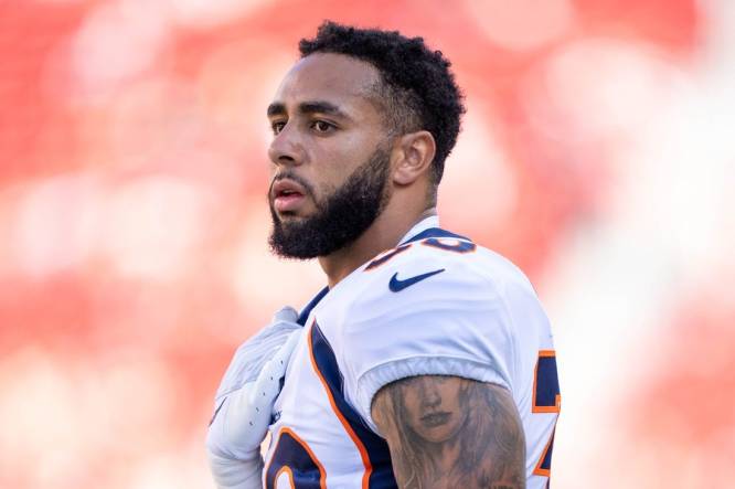 August 19, 2023; Santa Clara, California, USA; Denver Broncos safety Caden Sterns (30) warms up before the game against the San Francisco 49ers at Levi's Stadium. Mandatory Credit: Kyle Terada-USA TODAY Sports