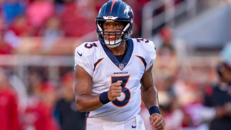 August 19, 2023; Santa Clara, California, USA; Denver Broncos quarterback Russell Wilson (3) during the first quarter against the San Francisco 49ers at Levi's Stadium. Mandatory Credit: Kyle Terada-USA TODAY Sports