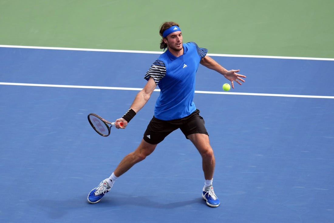 Aug 30, 2023; Flushing, NY, USA; Stefanos Tsitsipas of Greece hits to Dominic Stricker of Switzerland on day three of the 2023 U.S. Open tennis tournament at USTA Billie Jean King National Tennis Center. Mandatory Credit: Danielle Parhizkaran-USA TODAY Sports