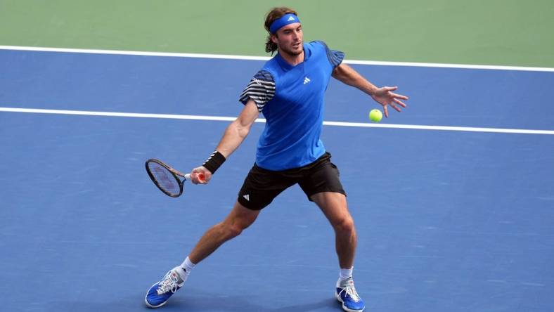 Aug 30, 2023; Flushing, NY, USA; Stefanos Tsitsipas of Greece hits to Dominic Stricker of Switzerland on day three of the 2023 U.S. Open tennis tournament at USTA Billie Jean King National Tennis Center. Mandatory Credit: Danielle Parhizkaran-USA TODAY Sports