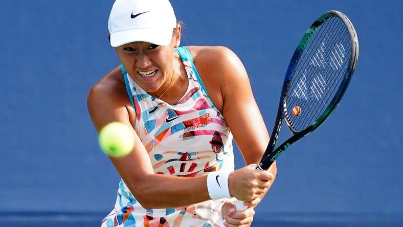 Aug 30, 2023; Flushing, NY, USA;  Xiyu Wang of China during her match against Bernarda Pera of the United States on day three of the 2023 U.S. Open tennis tournament at the USTA Billie Jean King National Tennis Center. Mandatory Credit: Jerry Lai-USA TODAY Sports