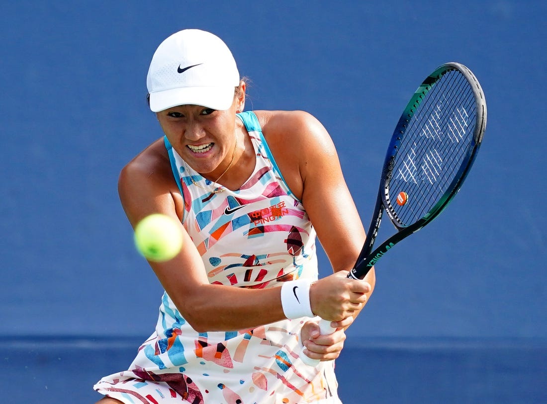 Aug 30, 2023; Flushing, NY, USA;  Xiyu Wang of China during her match against Bernarda Pera of the United States on day three of the 2023 U.S. Open tennis tournament at the USTA Billie Jean King National Tennis Center. Mandatory Credit: Jerry Lai-USA TODAY Sports