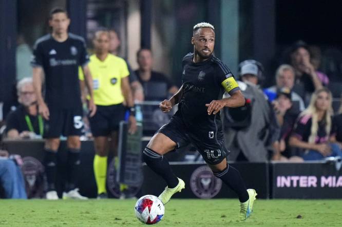 Aug 30, 2023; Fort Lauderdale, Florida, USA; Nashville SC midfielder Hany Mukhtar (10) kick the ball past Inter Miami during the second half at DRV PNK Stadium. Mandatory Credit: Rich Storry-USA TODAY Sports