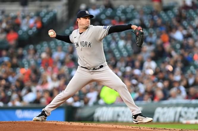 Aug 30, 2023; Detroit, Michigan, USA; New York Yankees starting pitcher Gerrit Cole (45) throws a pitch against the Detroit Tigers in the first inning at Comerica Park. Mandatory Credit: Lon Horwedel-USA TODAY Sports