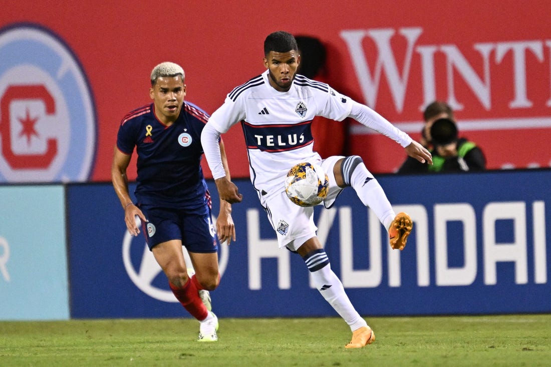 Aug 30, 2023; Chicago, Illinois, USA; Vancouver Whitecaps forward Sergio Cordova (9) controls the ball during second half at Soldier Field. Mandatory Credit: Jamie Sabau-USA TODAY Sports