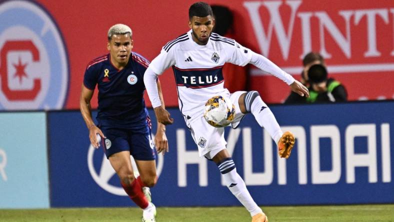 Aug 30, 2023; Chicago, Illinois, USA; Vancouver Whitecaps forward Sergio Cordova (9) controls the ball during second half at Soldier Field. Mandatory Credit: Jamie Sabau-USA TODAY Sports