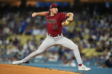 Aug 29, 2023; Los Angeles, California, USA; Arizona Diamondbacks starting pitcher Brandon Pfaadt (32) throws in the second inning against the Los Angeles Dodgers at Dodger Stadium. Mandatory Credit: Kirby Lee-USA TODAY Sports