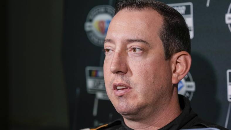 Aug 31, 2023; Charlotte, North Carolina, USA; Kyle Busch answers questions from the media at Charlotte Convention Center. Mandatory Credit: Jim Dedmon-USA TODAY Sports