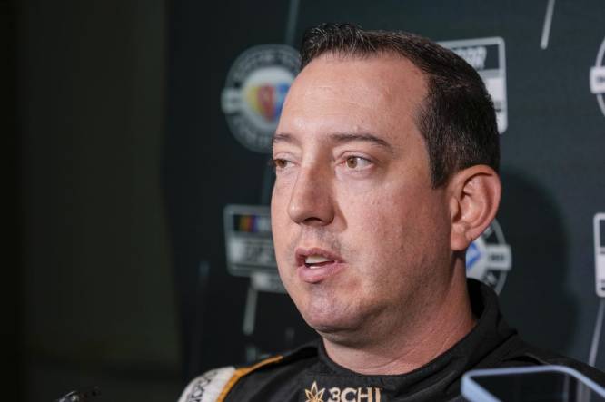 Aug 31, 2023; Charlotte, North Carolina, USA; Kyle Busch answers questions from the media at Charlotte Convention Center. Mandatory Credit: Jim Dedmon-USA TODAY Sports
