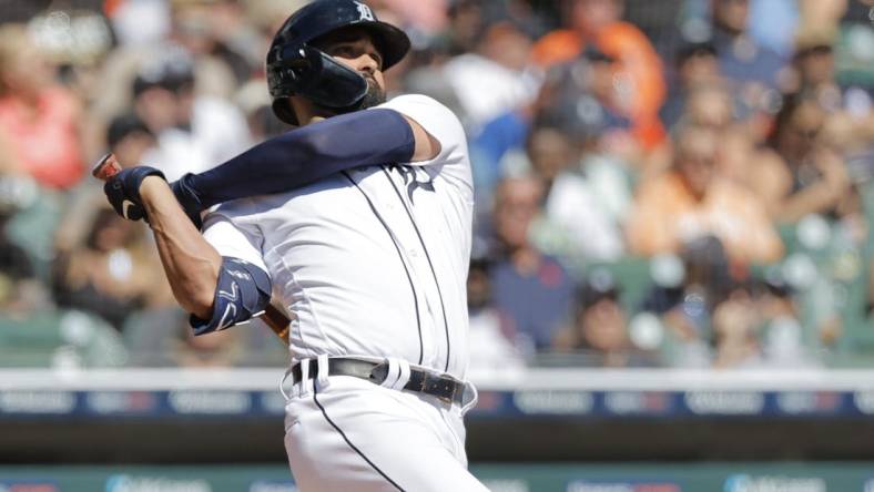 Aug 31, 2023; Detroit, Michigan, USA; Detroit Tigers center fielder Riley Greene (31) hits an RBI single in the fifth inning against the New York Yankees at Comerica Park. Mandatory Credit: Rick Osentoski-USA TODAY Sports