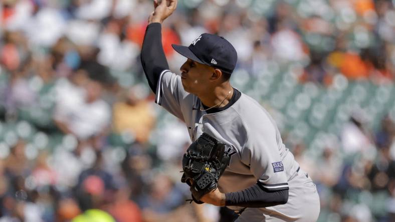 Aug 31, 2023; Detroit, Michigan, USA; New York Yankees relief pitcher Keynan Middleton (93) pitches in the sixth inning against the Detroit Tigers at Comerica Park. Mandatory Credit: Rick Osentoski-USA TODAY Sports