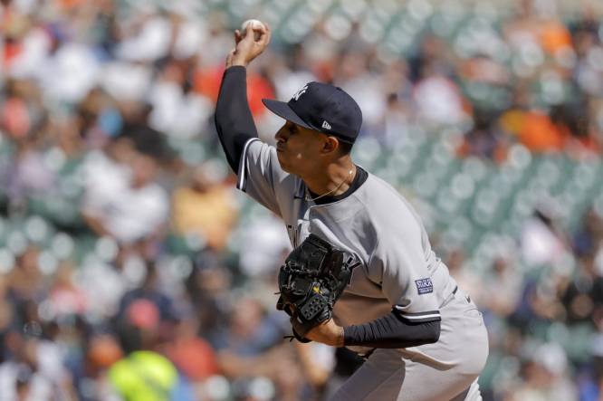 Aug 31, 2023; Detroit, Michigan, USA; New York Yankees relief pitcher Keynan Middleton (93) pitches in the sixth inning against the Detroit Tigers at Comerica Park. Mandatory Credit: Rick Osentoski-USA TODAY Sports