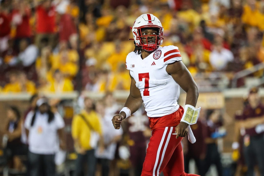 Aug 31, 2023; Minneapolis, Minnesota, USA; Nebraska Cornhuskers quarterback Jeff Sims (7) looks on during the third quarter against the Minnesota Golden Gophers at Huntington Bank Stadium. Mandatory Credit: Matt Krohn-USA TODAY Sports