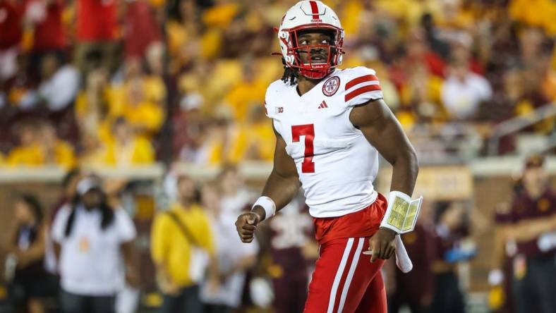 Aug 31, 2023; Minneapolis, Minnesota, USA; Nebraska Cornhuskers quarterback Jeff Sims (7) looks on during the third quarter against the Minnesota Golden Gophers at Huntington Bank Stadium. Mandatory Credit: Matt Krohn-USA TODAY Sports