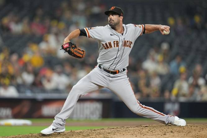 Aug 31, 2023; San Diego, California, USA;  San Francisco Giants relief pitcher Scott Alexander (54) throws a pitch against against the San Diego Padres during the ninth inning at Petco Park. Mandatory Credit: Ray Acevedo-USA TODAY Sports