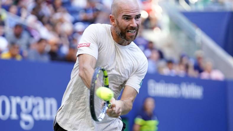 Sep 1, 2023; Flushing, NY, USA; Adrian Mannarino of France hits to Frances Tiafoe of the United States on day five of the 2023 U.S. Open tennis tournament at USTA Billie Jean King National Tennis Center. Mandatory Credit: Danielle Parhizkaran-USA TODAY Sports