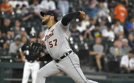Sep 1, 2023; Chicago, Illinois, USA;  Detroit Tigers starting pitcher Eduardo Rodriguez (57) delivers a pitch against the Chicago White Sox during the first inning at Guaranteed Rate Field. Mandatory Credit: Matt Marton-USA TODAY Sports