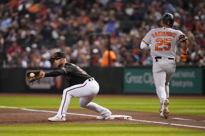 Sep 1, 2023; Phoenix, Arizona, USA; Arizona Diamondbacks first baseman Christian Walker (53) fields a throw to force out Baltimore Orioles right fielder Anthony Santander (25) during the first inning at Chase Field. Mandatory Credit: Joe Camporeale-USA TODAY Sports