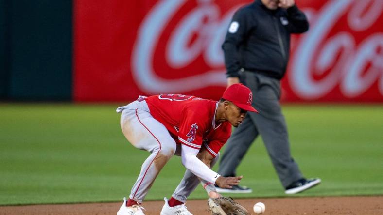 Sep 1, 2023; Oakland, California, USA;  Los Angeles Angels shortstop Kyren Paris (19) fields a ground ball during the third inning against the Oakland Athletics at Oakland-Alameda County Coliseum. Mandatory Credit: Neville E. Guard-USA TODAY Sports
