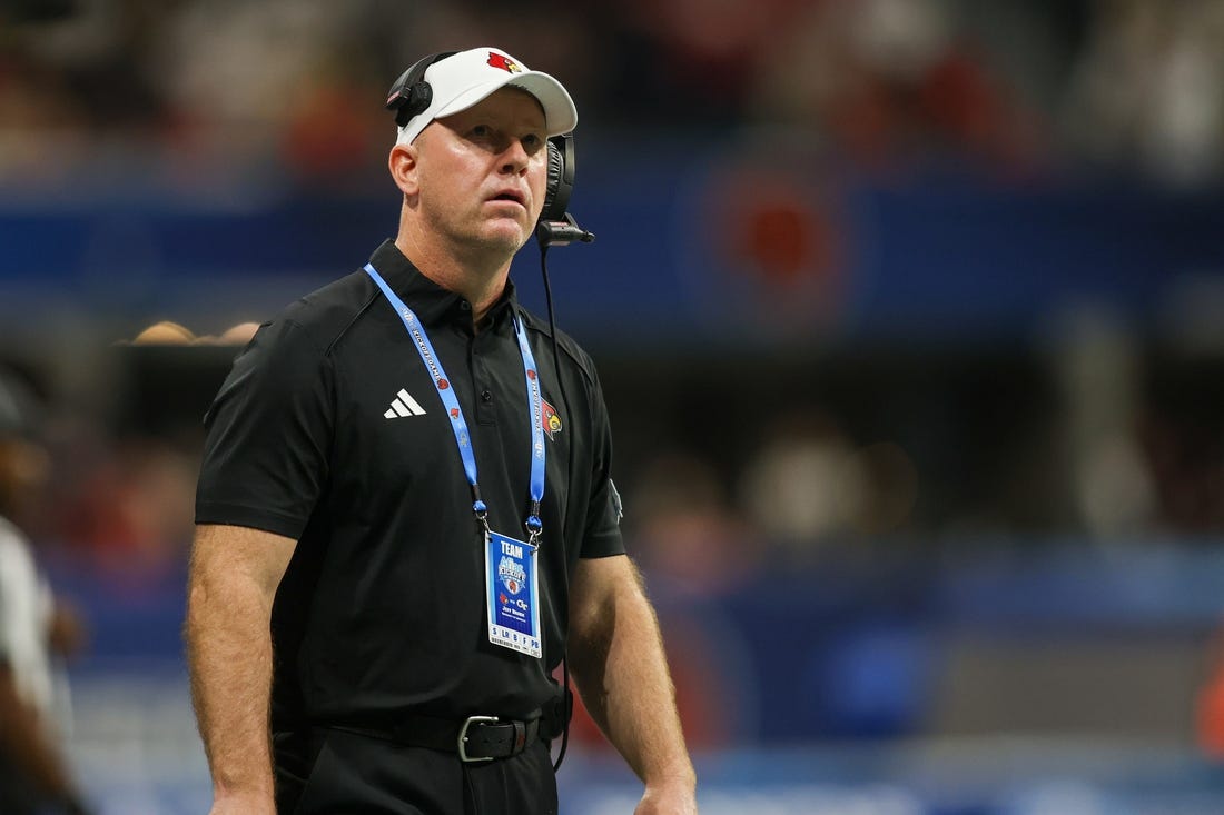 Sep 1, 2023; Atlanta, Georgia, USA; Louisville Cardinals head coach Jeff Brohm on the sideline against the Georgia Tech Yellow Jackets in the fourth quarter at Mercedes-Benz Stadium. Mandatory Credit: Brett Davis-USA TODAY Sports