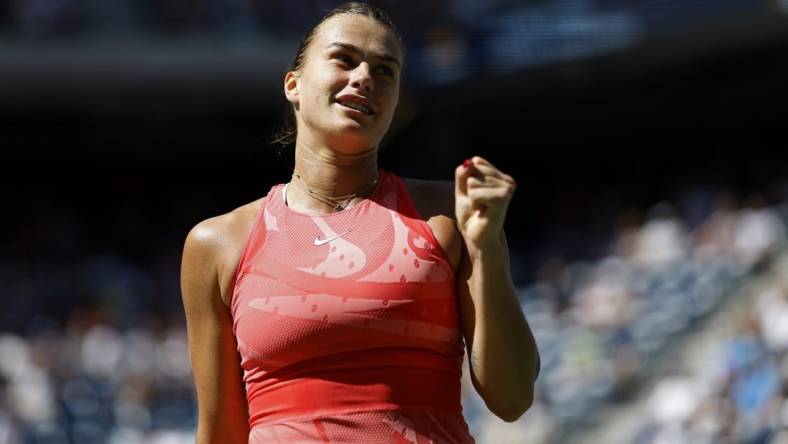 Sep 2, 2023; Flushing, NY, USA; Aryna Sabalenka reacts after winning a point against Clara Burel of France (not pictured) on day six of the 2023 U.S. Open tennis tournament at USTA Billie Jean King National Tennis Center. Mandatory Credit: Geoff Burke-USA TODAY Sports