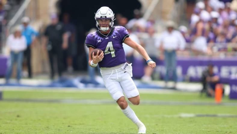 Sep 2, 2023; Fort Worth, Texas, USA; TCU Horned Frogs quarterback Chandler Morris (4) runs the ball in the second quarter against the Colorado Buffaloes  at Amon G. Carter Stadium. Mandatory Credit: Tim Heitman-USA TODAY Sports