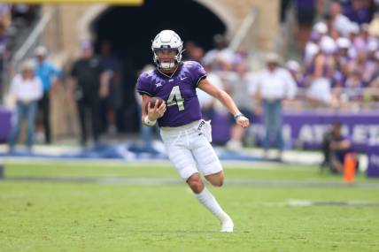 Sep 2, 2023; Fort Worth, Texas, USA; TCU Horned Frogs quarterback Chandler Morris (4) runs the ball in the second quarter against the Colorado Buffaloes  at Amon G. Carter Stadium. Mandatory Credit: Tim Heitman-USA TODAY Sports