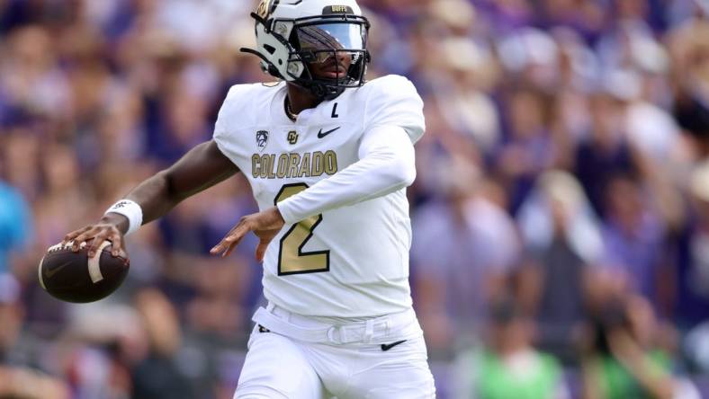 Sep 2, 2023; Fort Worth, Texas, USA; Colorado Buffaloes quarterback Shedeur Sanders (2) rolls out to pass in the second quarter against the TCU Horned Frogs at Amon G. Carter Stadium. Mandatory Credit: Tim Heitman-USA TODAY Sports