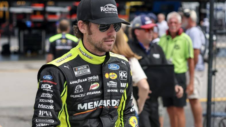 Sep 2, 2023; Darlington, South Carolina, USA; NASCAR Cup Series driver Ryan Blaney (12) on pit road during NASCAR Cup practice and qualifying at Darlington Raceway. Mandatory Credit: David Yeazell-USA TODAY Sports