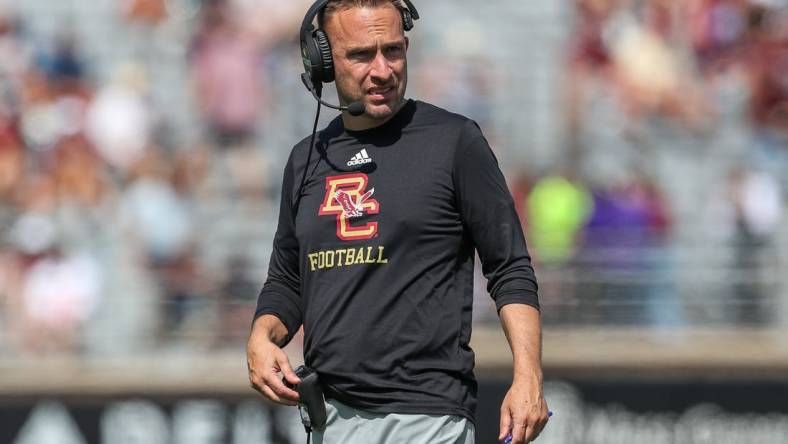 Sep 2, 2023; Chestnut Hill, Massachusetts, USA; Boston College Easgles head coach Jeff Hafley reacts during the second half against the Northern Illinois Huskies at Alumni Stadium. Mandatory Credit: Paul Rutherford-USA TODAY Sports