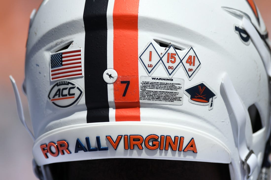 Sep 2, 2023; Nashville, Tennessee, USA; Detail view of helmet stickers on the helmet of Virginia Cavaliers running back Mike Hollins (7) during the second half against the Tennessee Volunteers at Nissan Stadium. Mandatory Credit: Christopher Hanewinckel-USA TODAY Sports