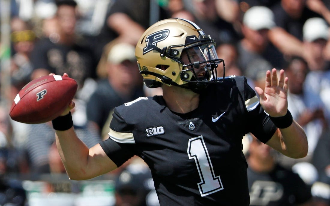 Purdue Boilermakers quarterback Hudson Card (1) throws the ball during the NCAA football game against the Fresno State Bulldogs, Saturday, Sept. 2, 2023, at Ross-Ade Stadium in West Lafayette, Ind. Fresno State Bulldogs won 39-35.