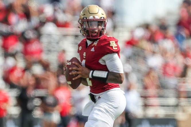 Sep 2, 2023; Chestnut Hill, Massachusetts, USA; Boston College Eagles quarterback Thomas Castellanos (1) reacts during the second half against the Northern Illinois Huskies at Alumni Stadium. Mandatory Credit: Paul Rutherford-USA TODAY Sports