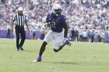 Sep 2, 2023; Fort Worth, Texas, USA; TCU Horned Frogs running back Trey Sanders (2) scores a touchdown in the game against the Colorado Buffaloes at Amon G. Carter Stadium. Mandatory Credit: Tim Heitman-USA TODAY Sports