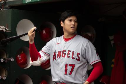 Sep 2, 2023; Oakland, California, USA; Los Angeles Angels designated hitter Shohei Ohtani (17) prepares for a game against the Oakland Athletics at Oakland-Alameda County Coliseum. Mandatory Credit: D. Ross Cameron-USA TODAY Sports