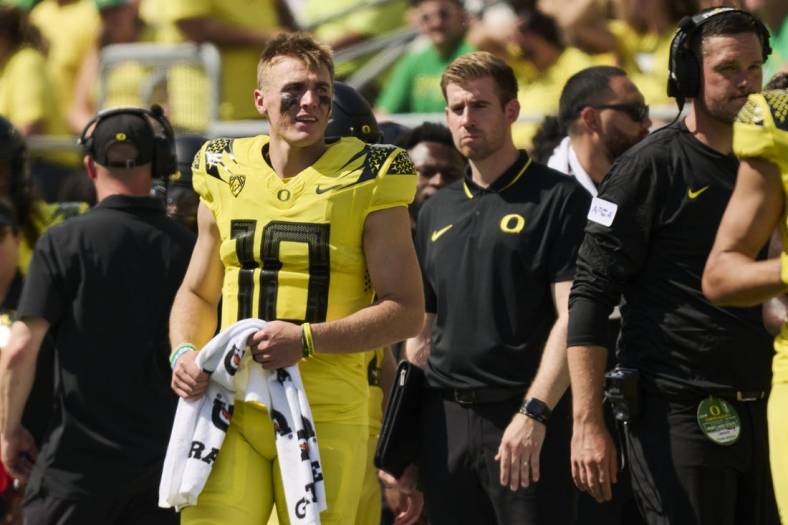 Sep 2, 2023; Eugene, Oregon, USA; Oregon Ducks quarterback Bo Nix (10) watches the game from the sidelines during the second half against the Portland State Vikings at Autzen Stadium. Mandatory Credit: Troy Wayrynen-USA TODAY Sports