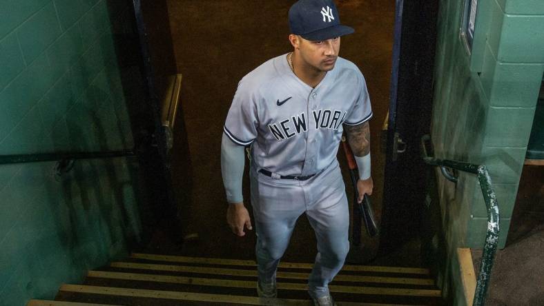 Sep 2, 2023; Houston, Texas, USA;  New York Yankees center fielder Jasson Dominguez (89) enters the dugout before playing against the Houston Astros at Minute Maid Park. Mandatory Credit: Thomas Shea-USA TODAY Sports