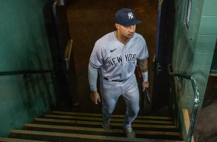 Sep 2, 2023; Houston, Texas, USA;  New York Yankees center fielder Jasson Dominguez (89) enters the dugout before playing against the Houston Astros at Minute Maid Park. Mandatory Credit: Thomas Shea-USA TODAY Sports
