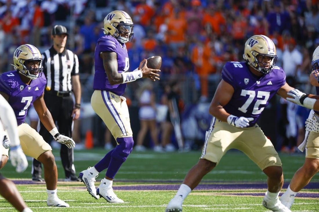 Sep 2, 2023; Seattle, Washington, USA; Washington Huskies quarterback Michael Penix Jr. (9) looks to pass against the Boise State Broncos during the fourth quarter at Alaska Airlines Field at Husky Stadium. Mandatory Credit: Joe Nicholson-USA TODAY Sports