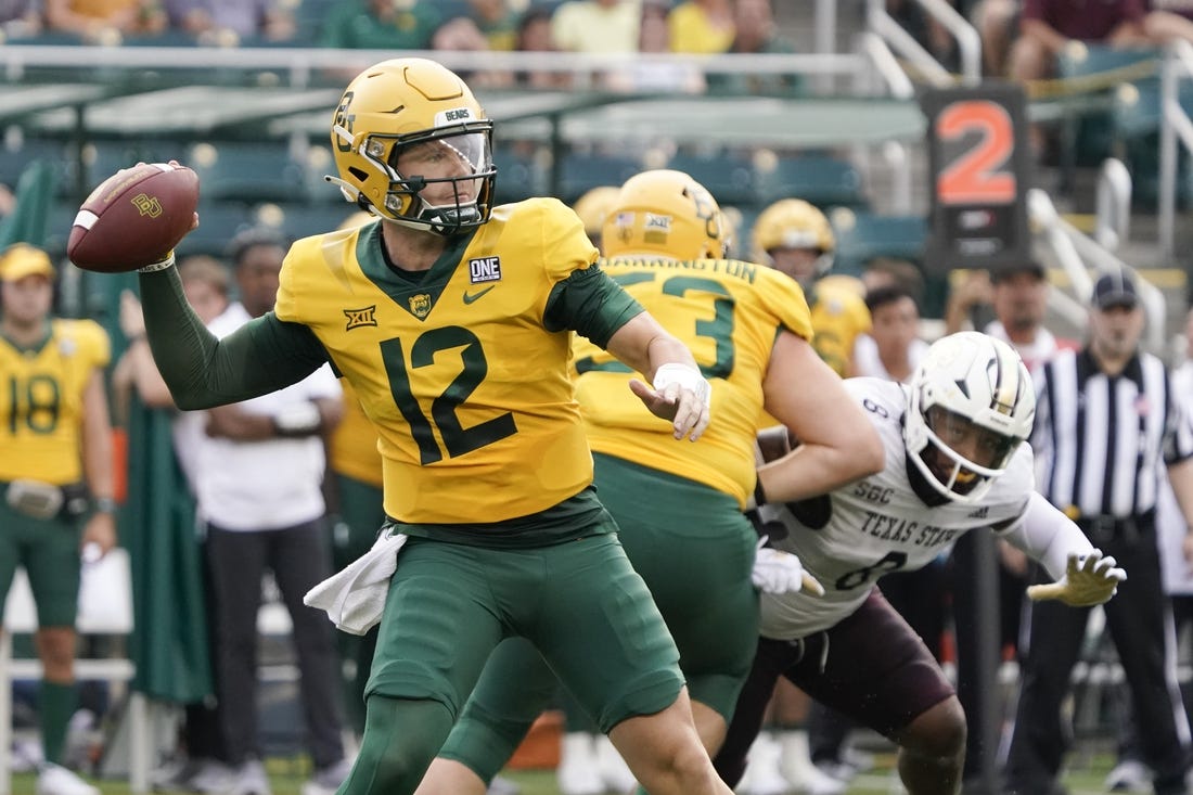 Sep 2, 2023; Waco, Texas, USA; Baylor Bears quarterback Blake Shapen (12) throws downfield against the Texas State Bobcats during the first half at McLane Stadium. Mandatory Credit: Raymond Carlin III-USA TODAY Sports