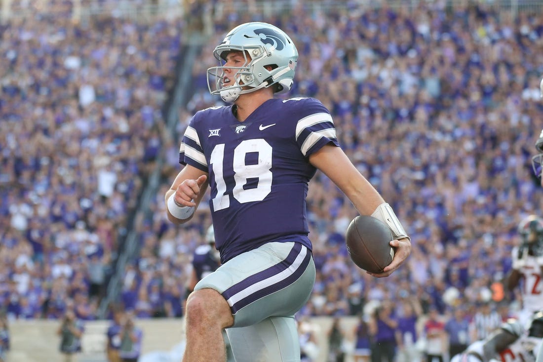 Sep 2, 2023; Manhattan, Kansas, USA; Kansas State Wildcats quarterback Will Howard (18) crosses the goal line for a touchdown during the second quarter against the Southeast Missouri State Redhawks at Bill Snyder Family Football Stadium. Mandatory Credit: Scott Sewell-USA TODAY Sports